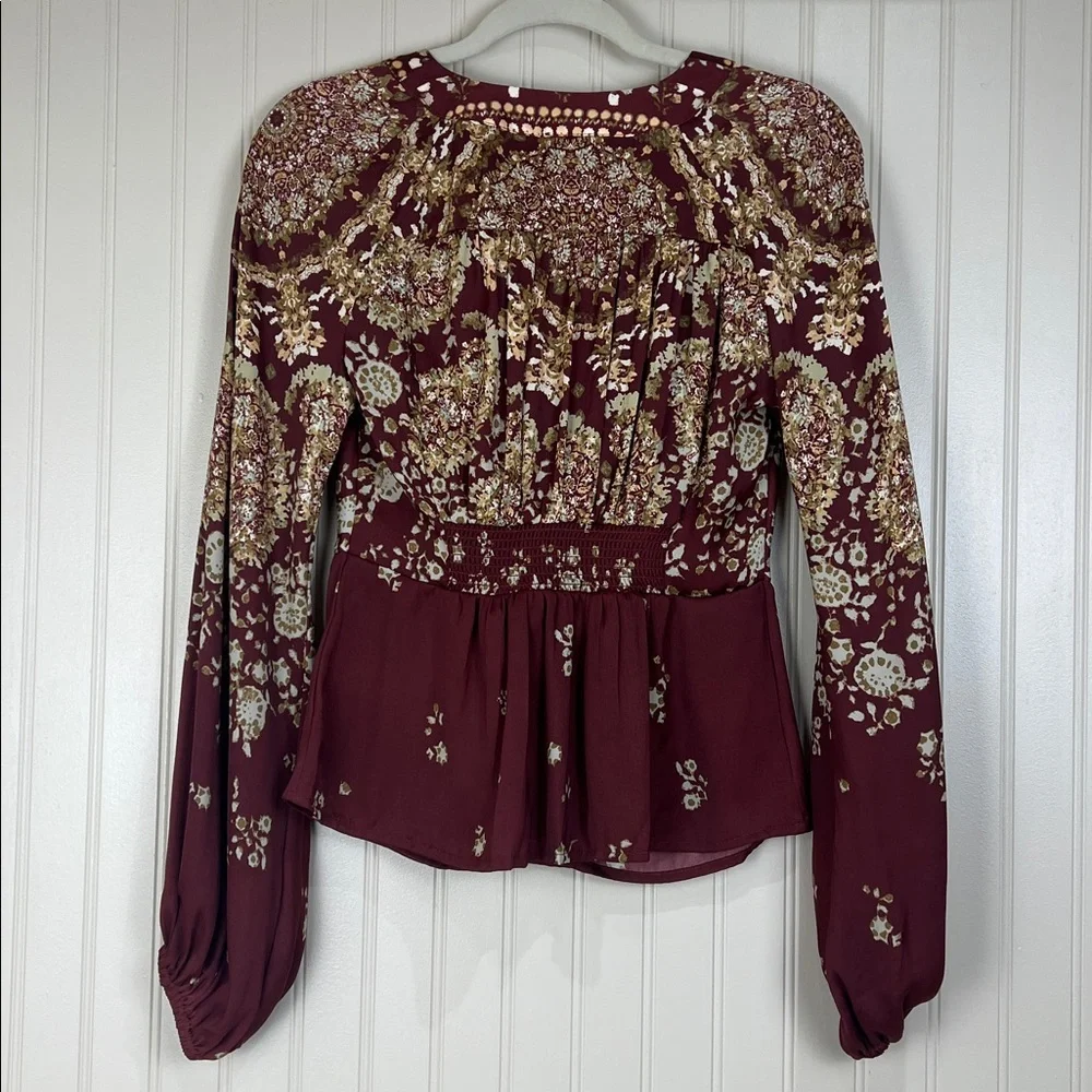 NWT Free People Run Free V-Neck Long Balloon Sleeve Chocolate Combo Size XS
